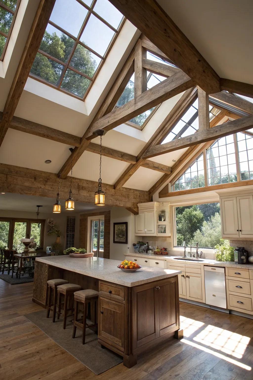 Skylights highlight the architectural features of this kitchen, emphasizing its unique character.