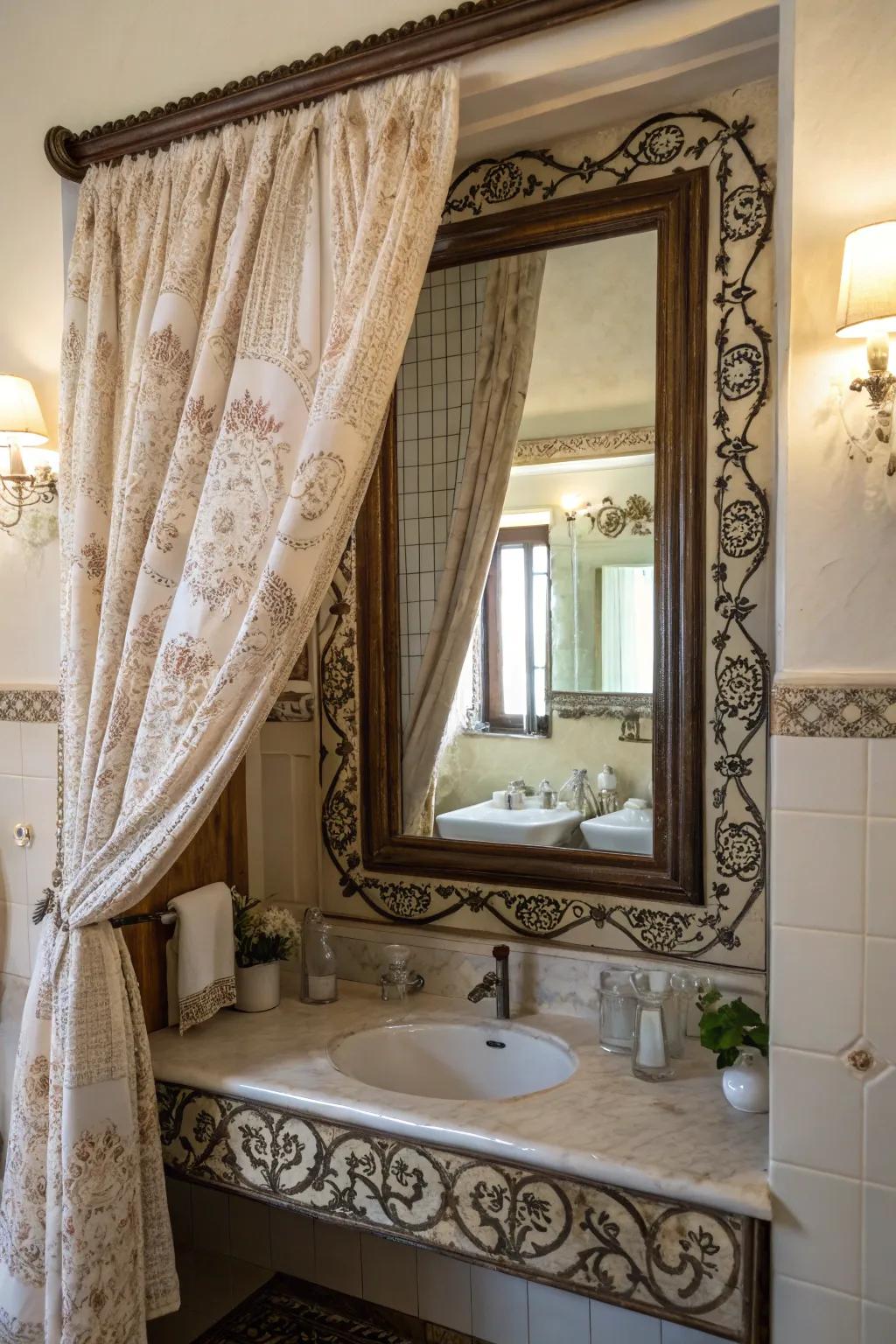 Curtains add drama and elegance to bathroom mirror settings.