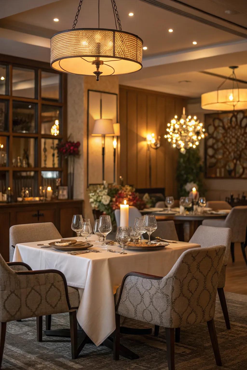 Layered lighting creating depth in a dining room.