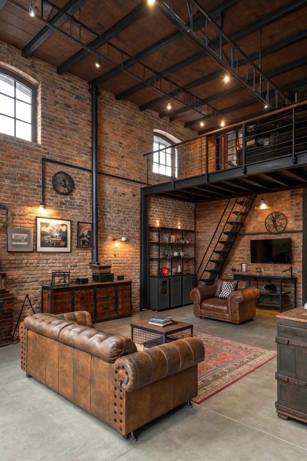 An industrial loft design with brick walls creating a rugged look.
