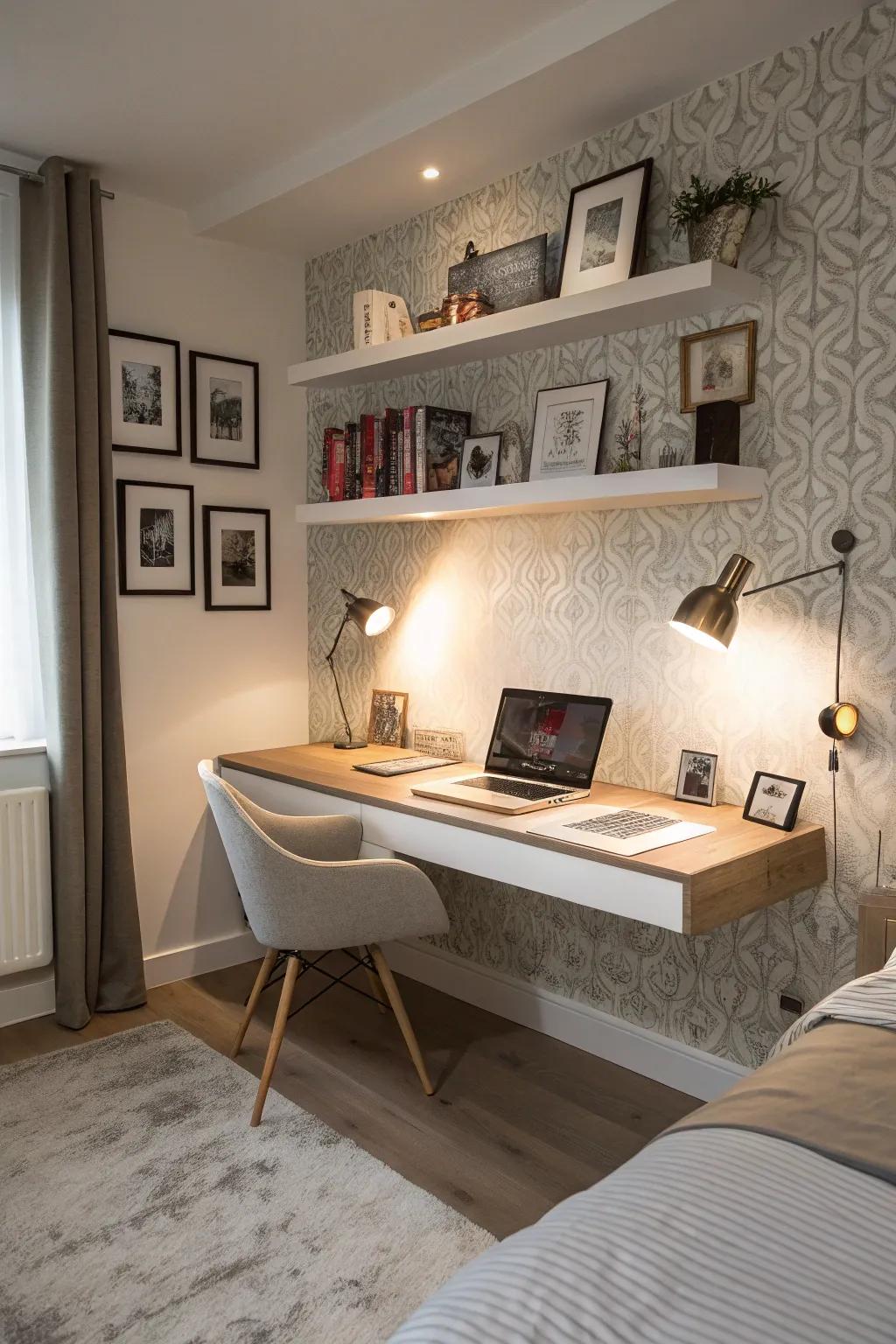A sleeping area that has a sleek floating desk optimizing floor area.