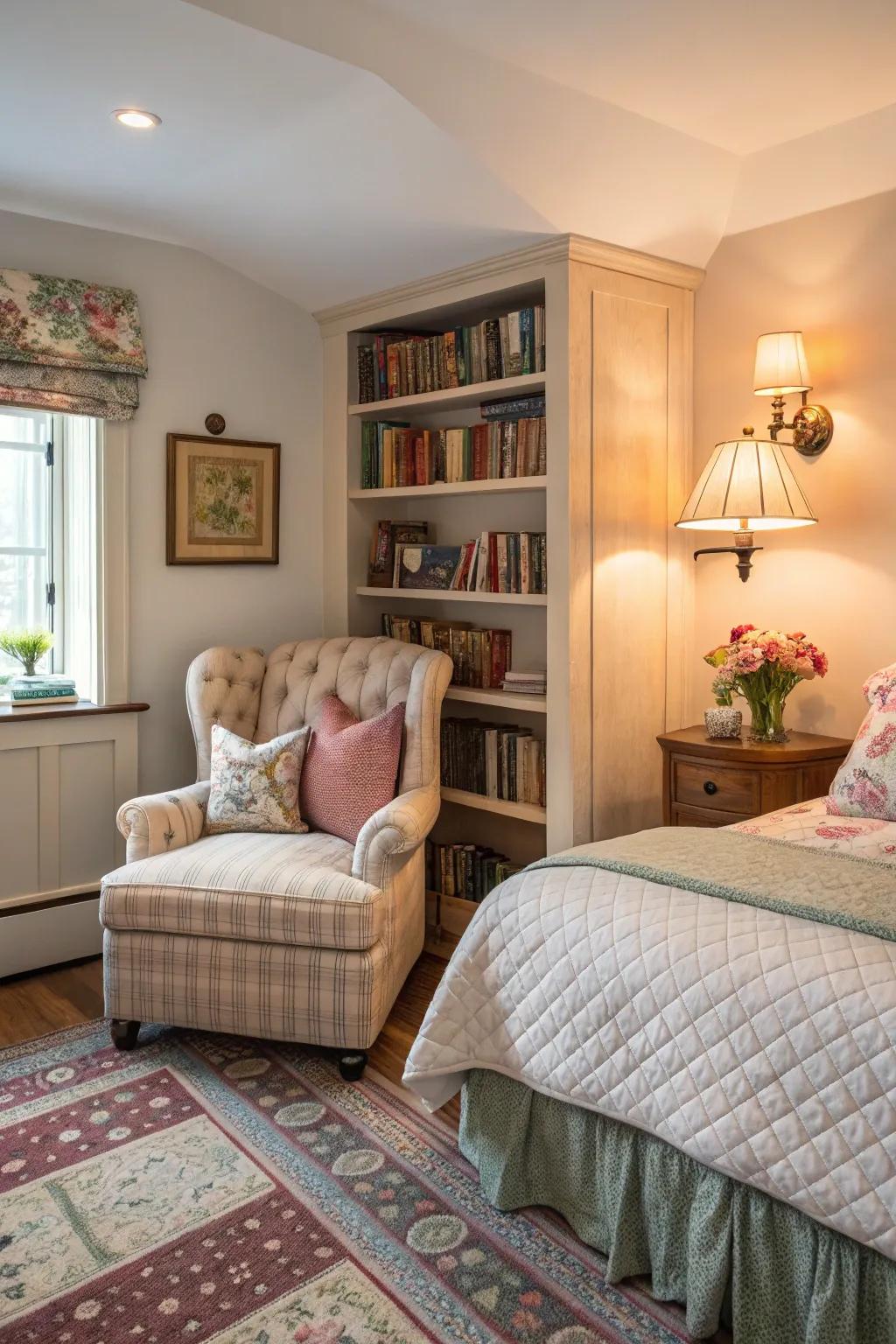 A cozy reading nook offers a personal sanctuary.