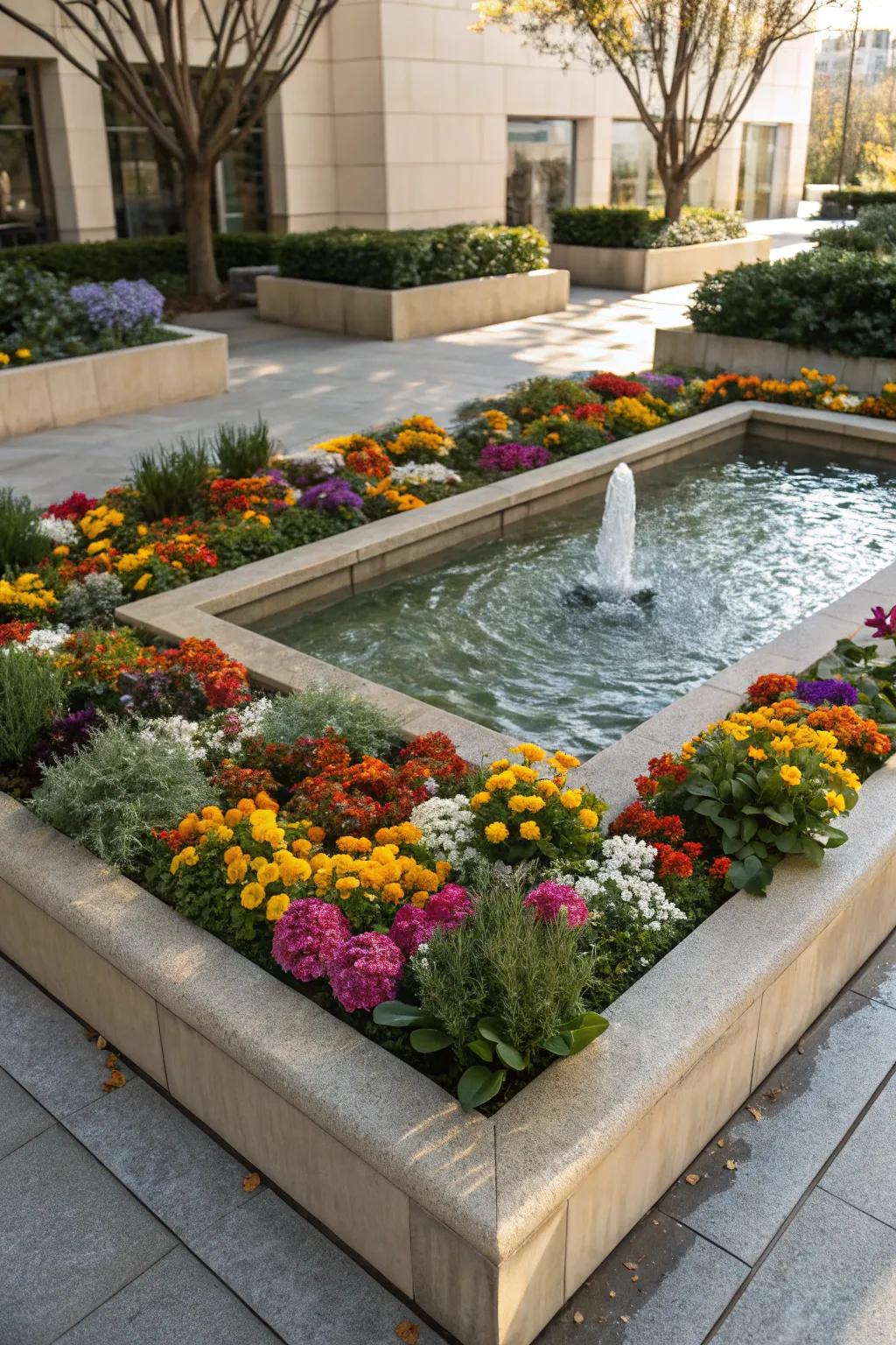 Water features add tranquility and elegance to flower beds.