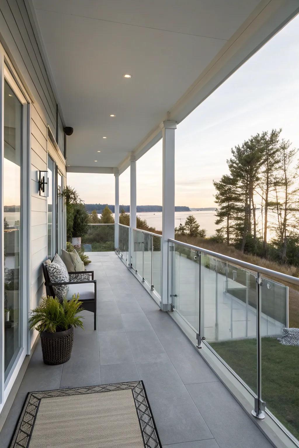 Glass railings add a modern touch and enhance the openness of the porch.