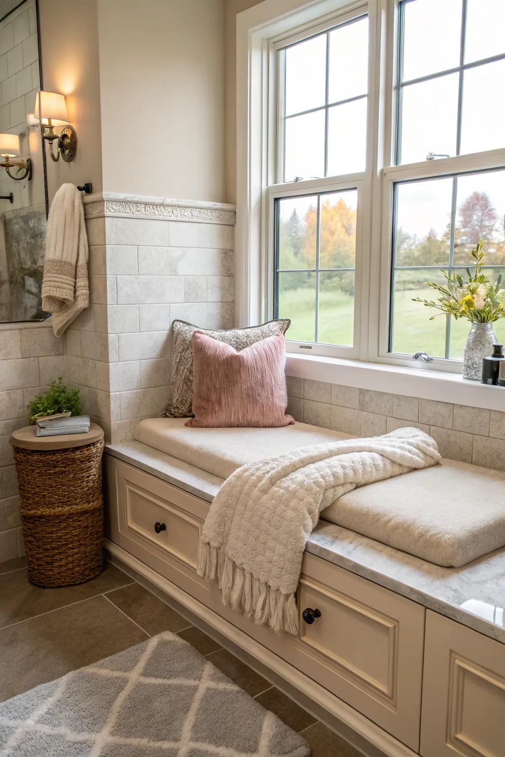 A bathroom featuring a relaxing nook with a cushioned bench for added comfort.