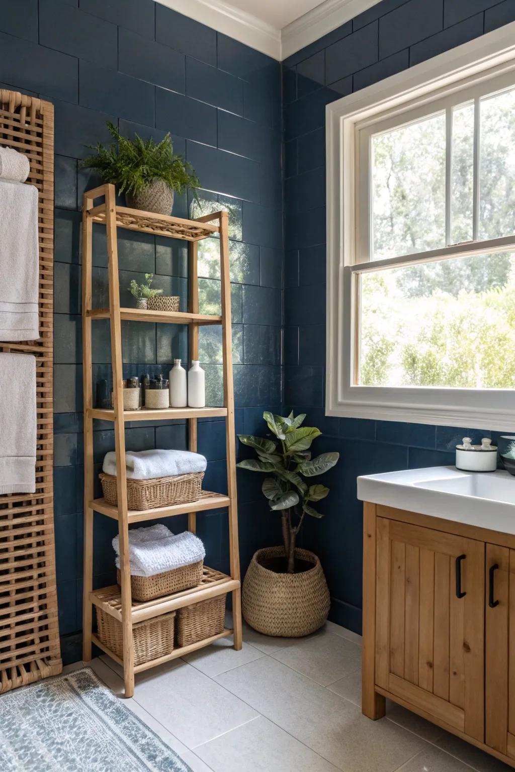 Eco-friendly materials add sustainability to navy blue bathrooms.