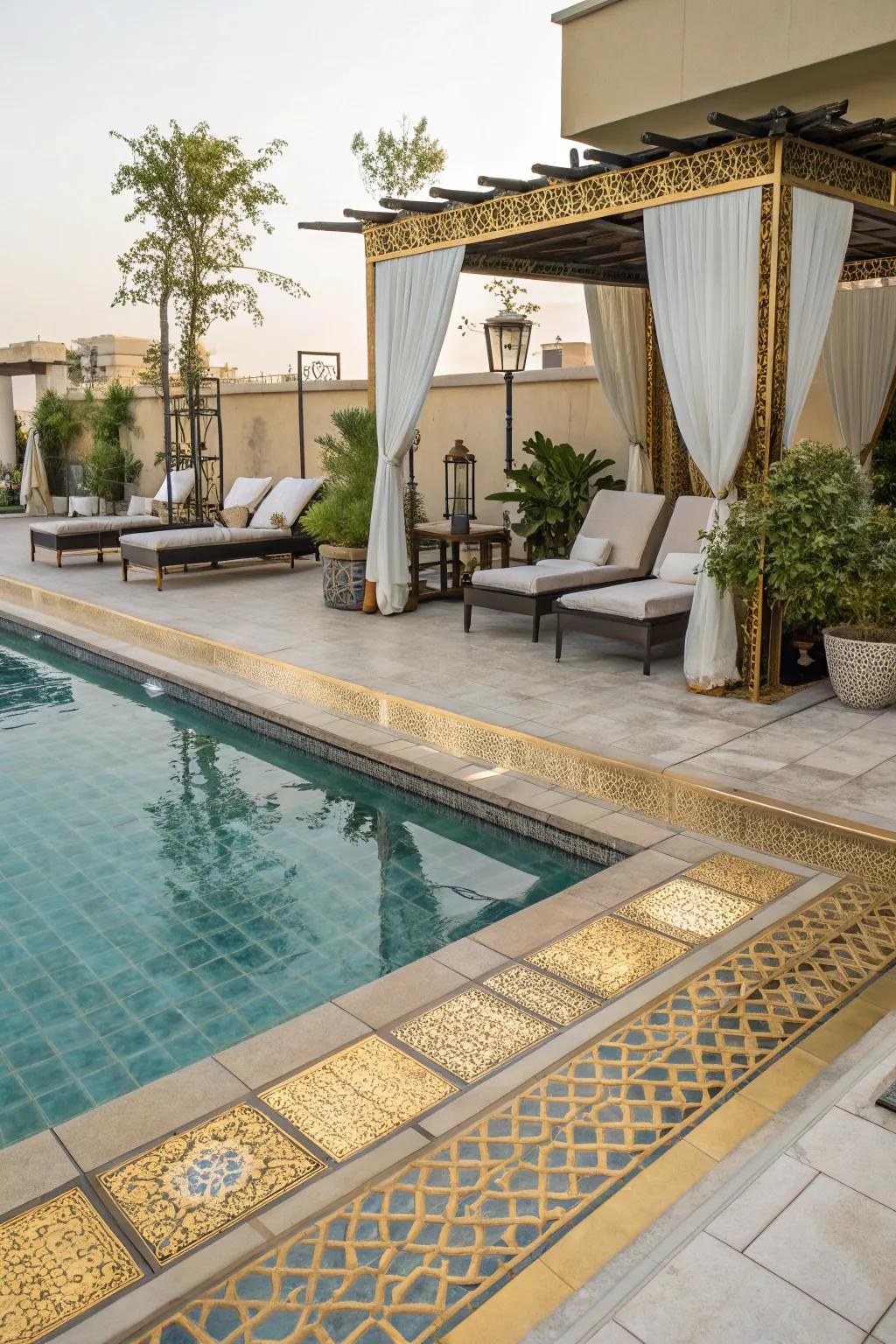 Gold accents add a luxurious touch to pool designs.