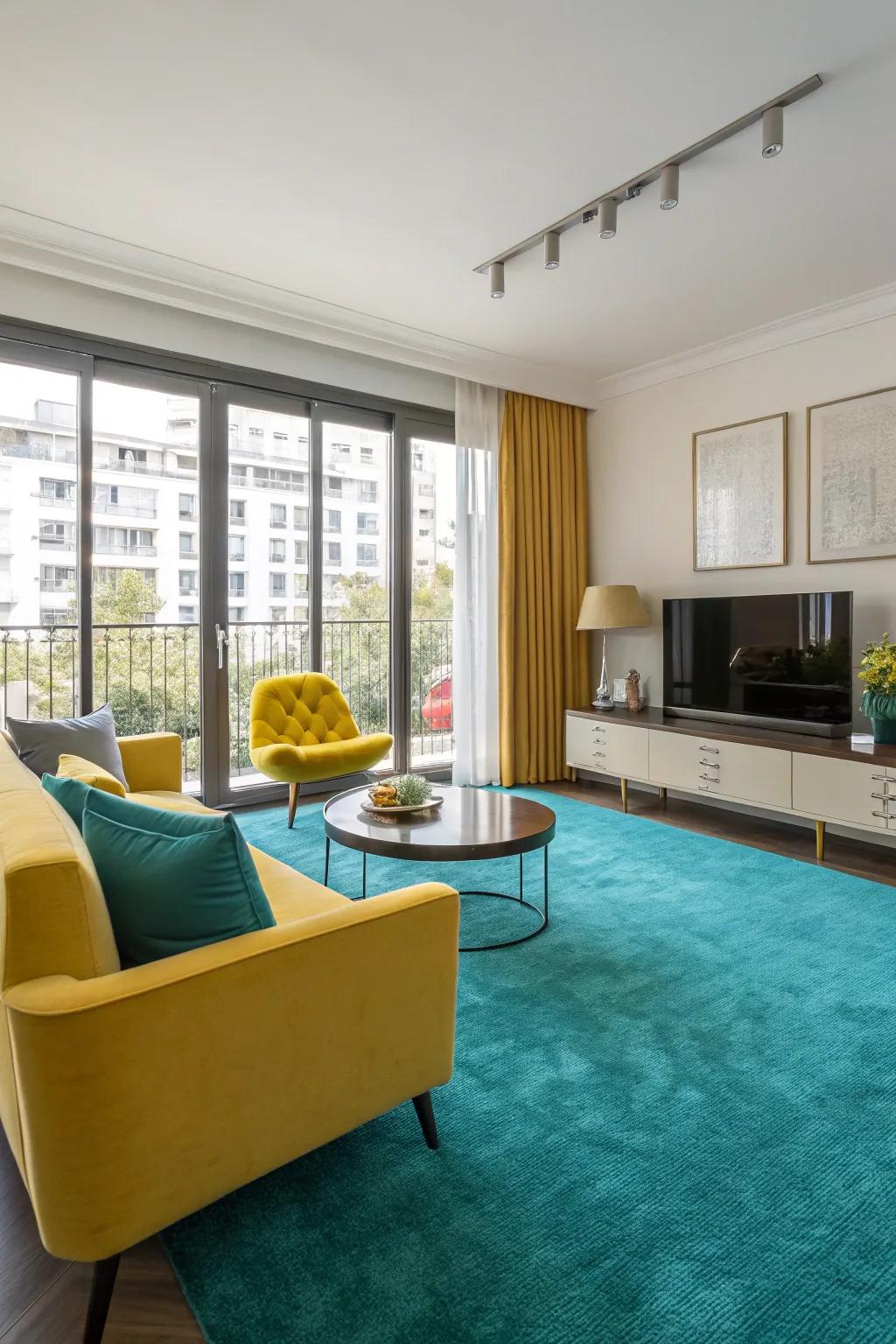 Cerulean carpeting anchors the room with bold style.