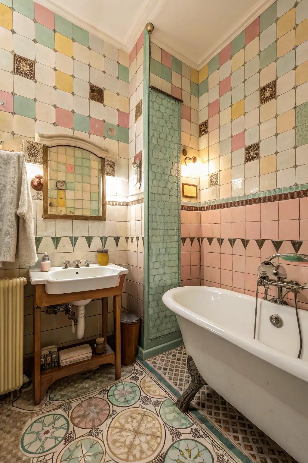 A bathroom with retro mosaic tiles, full of vintage charm.