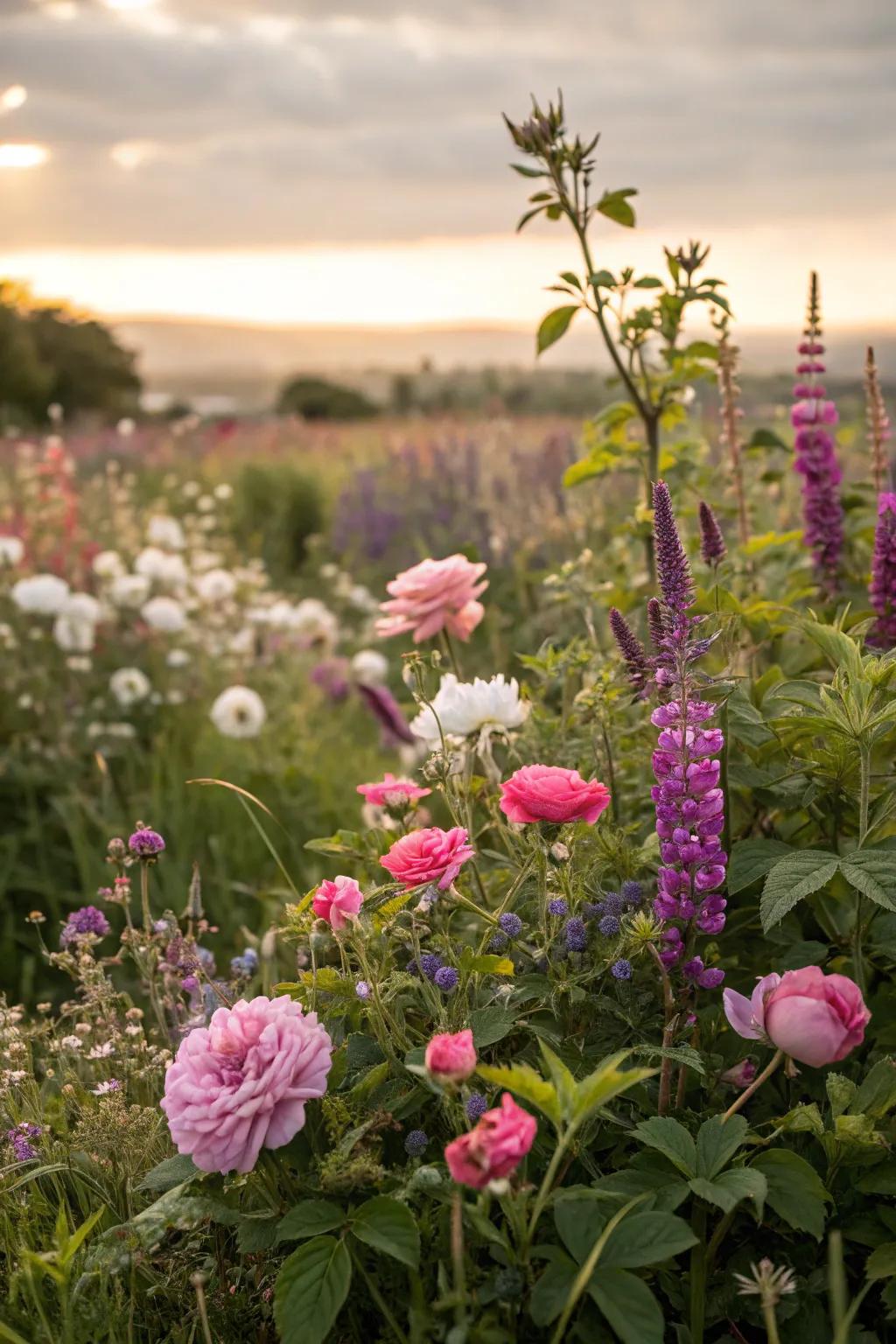 Moss roses mingle with wildflowers, creating a vibrant garden mix.