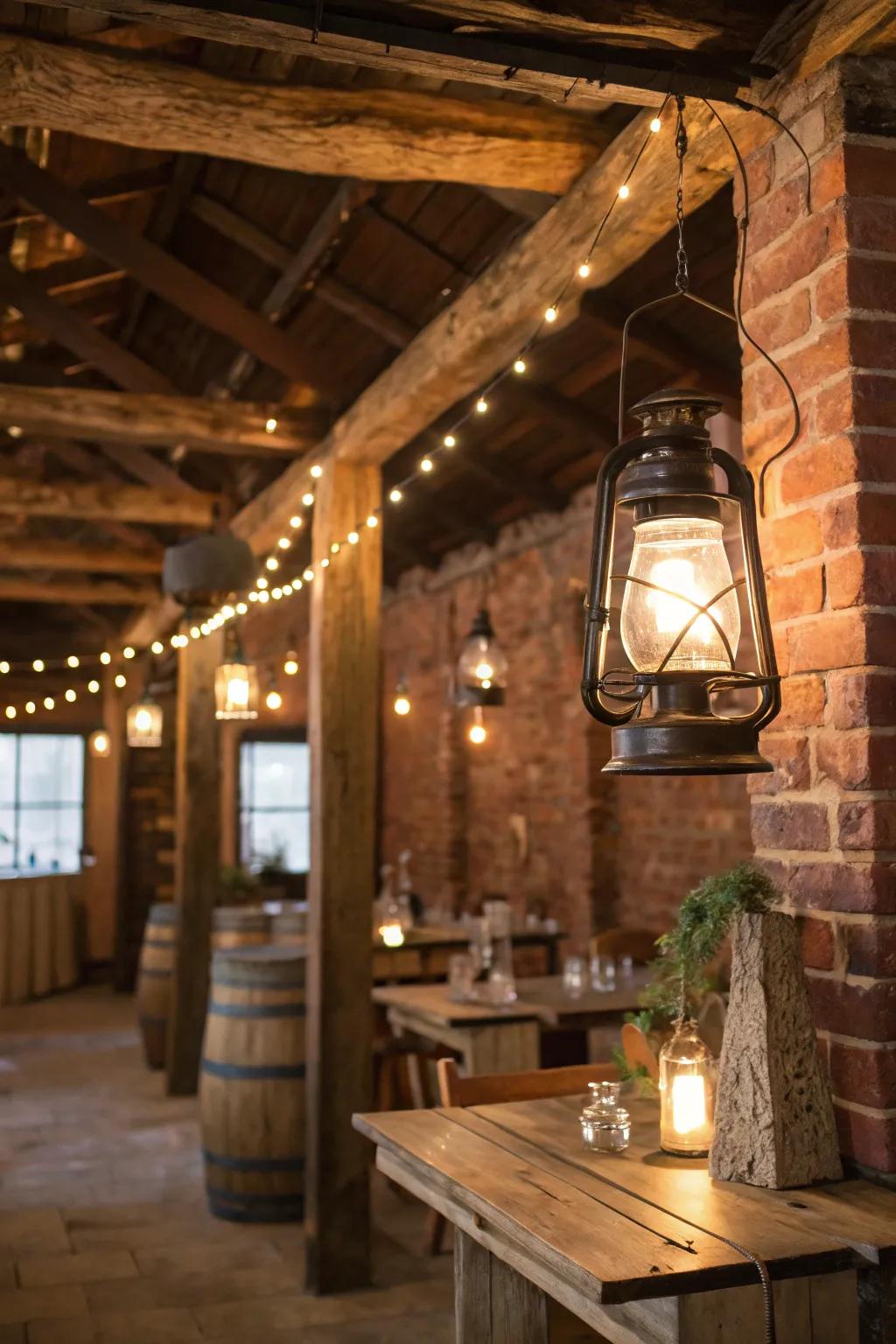 Vintage lanterns add nostalgia and charm to the decor.