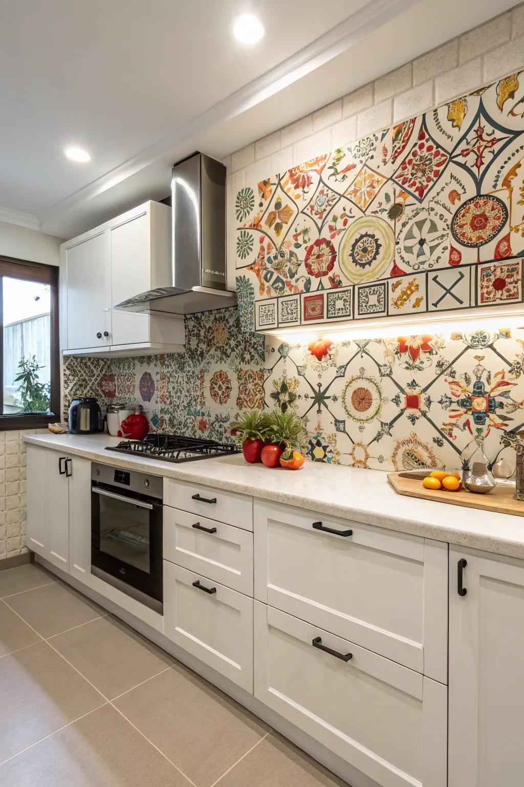 A bold backsplash adds character and a focal point to the kitchen.