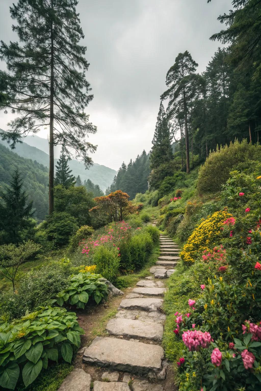 Whimsical stepping stone path guiding through the garden.