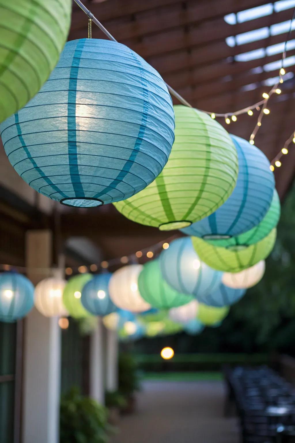 Paper lanterns casting an ethereal glow, perfect for a beachside ambiance.