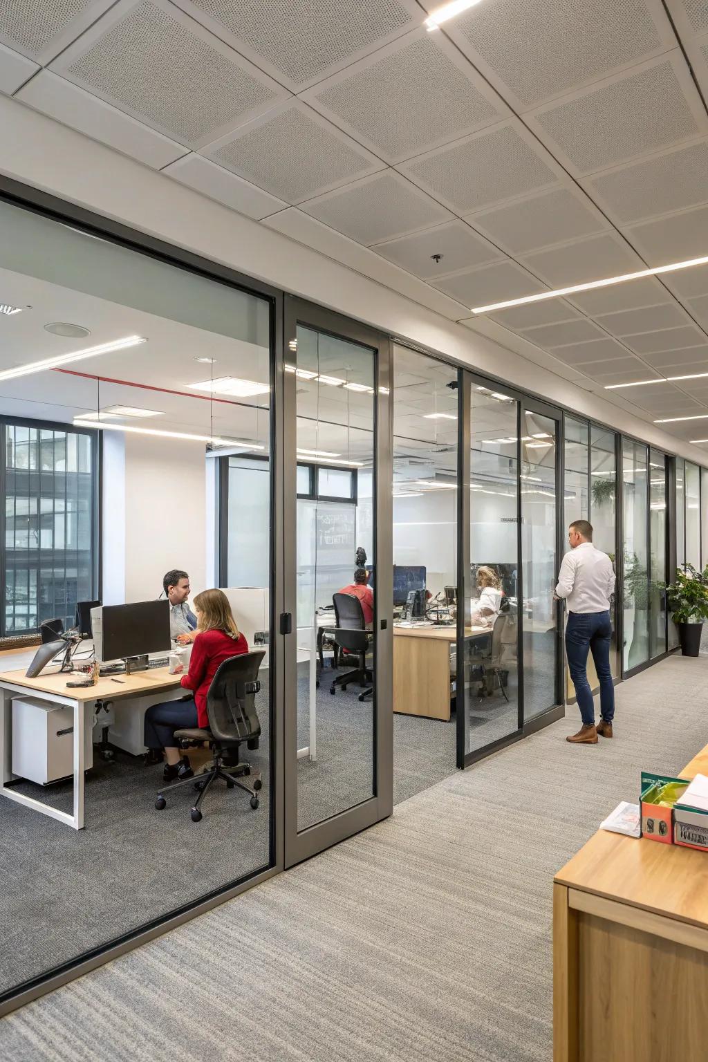 Sliding doors introduce flexibility and dynamic separation in offices.