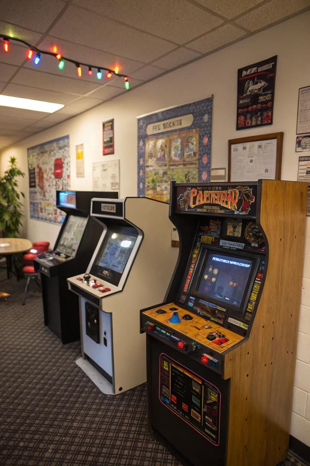 A vintage arcade corner adds nostalgic charm to your game room.