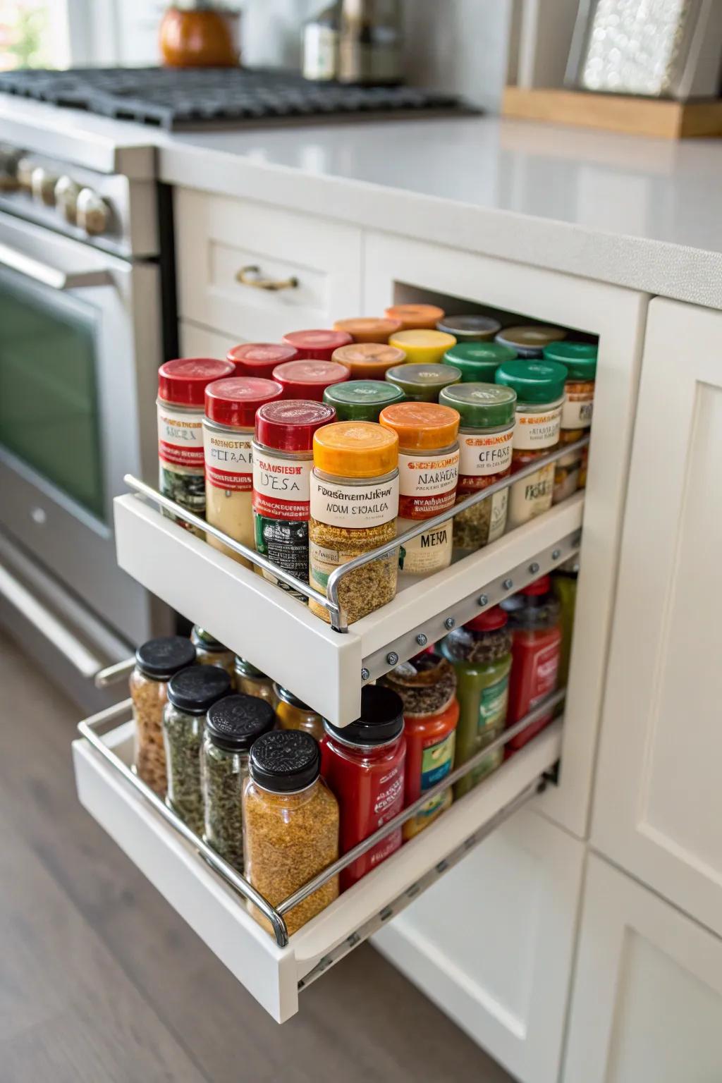 Pull-out spice racks ensure your spices are always within reach.