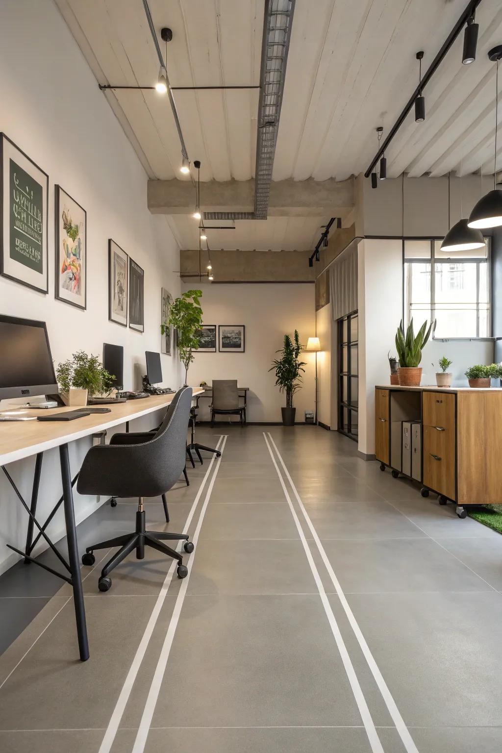 An office with minimalist-painted floors, providing a clean and focused environment.