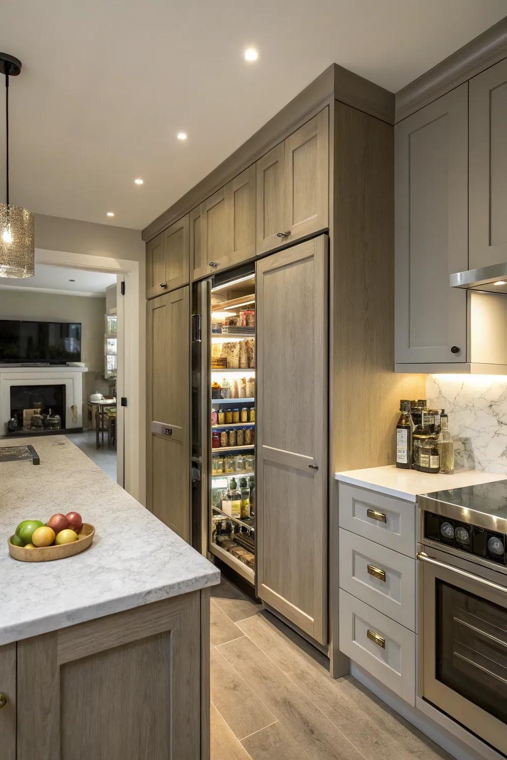 A hidden pantry behind cabinetry adds surprise and extra storage to a kitchen.