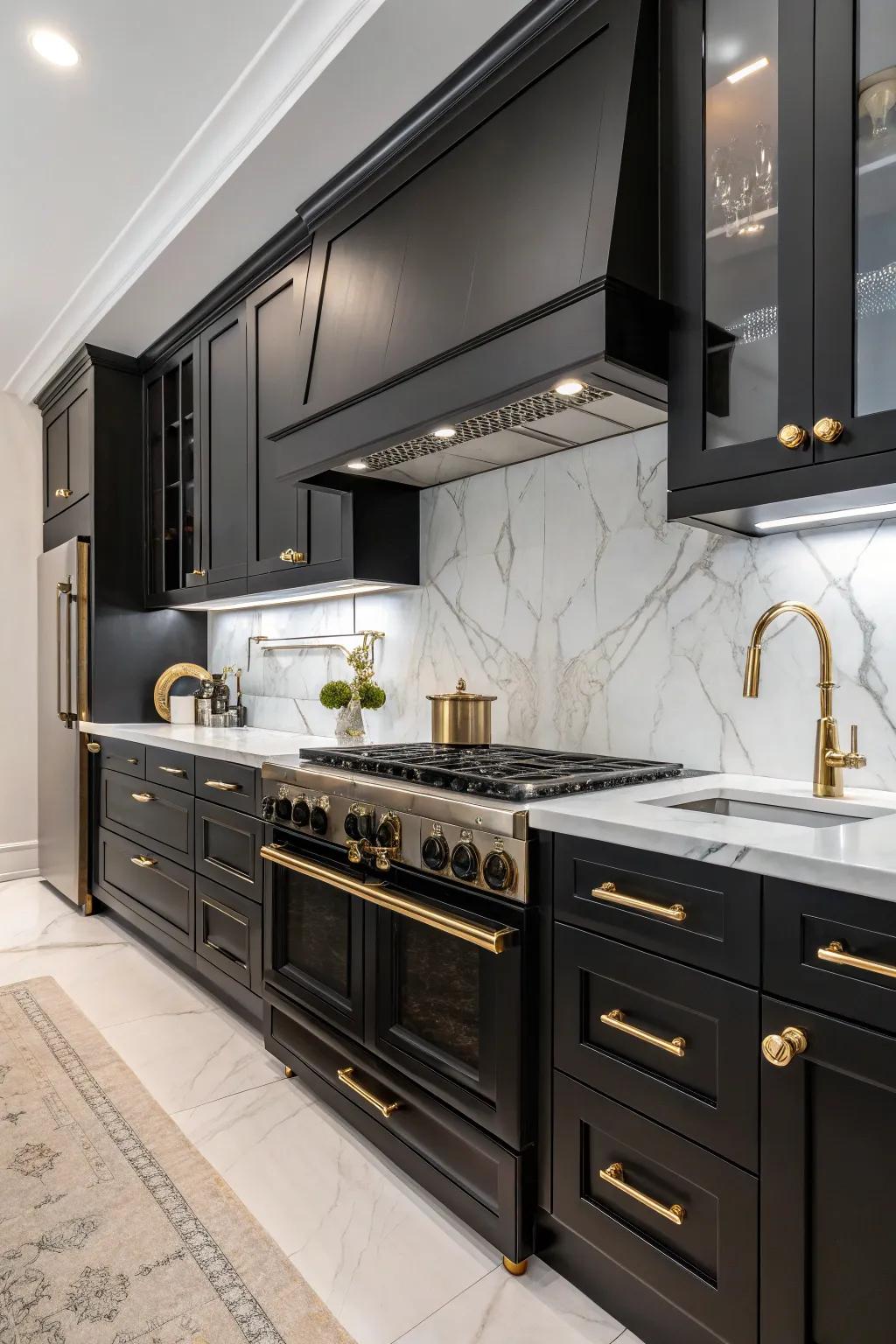 Elegant hardware enhances the modern appeal of black appliances.