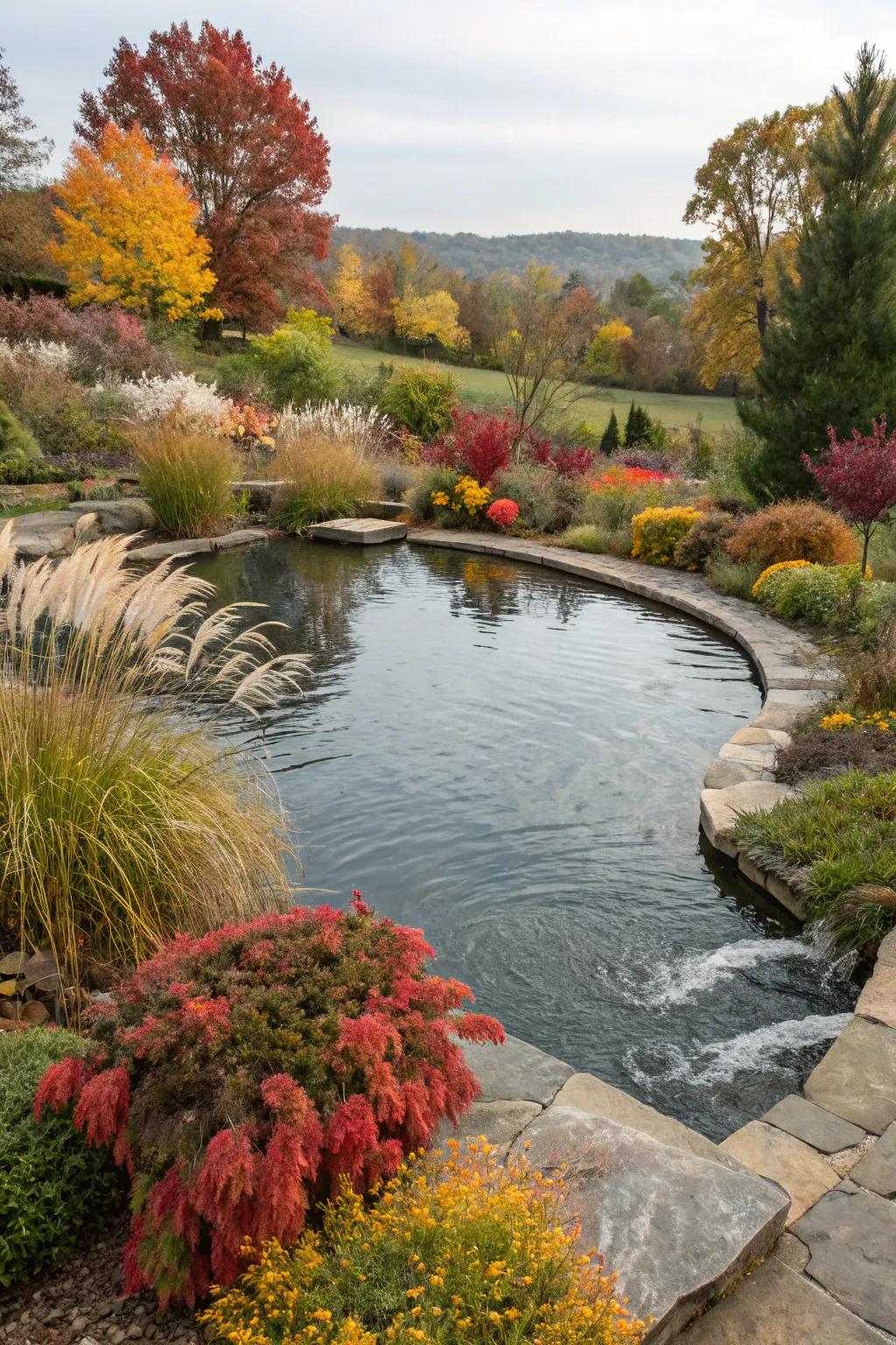 A pool pond showcasing seasonal plants.