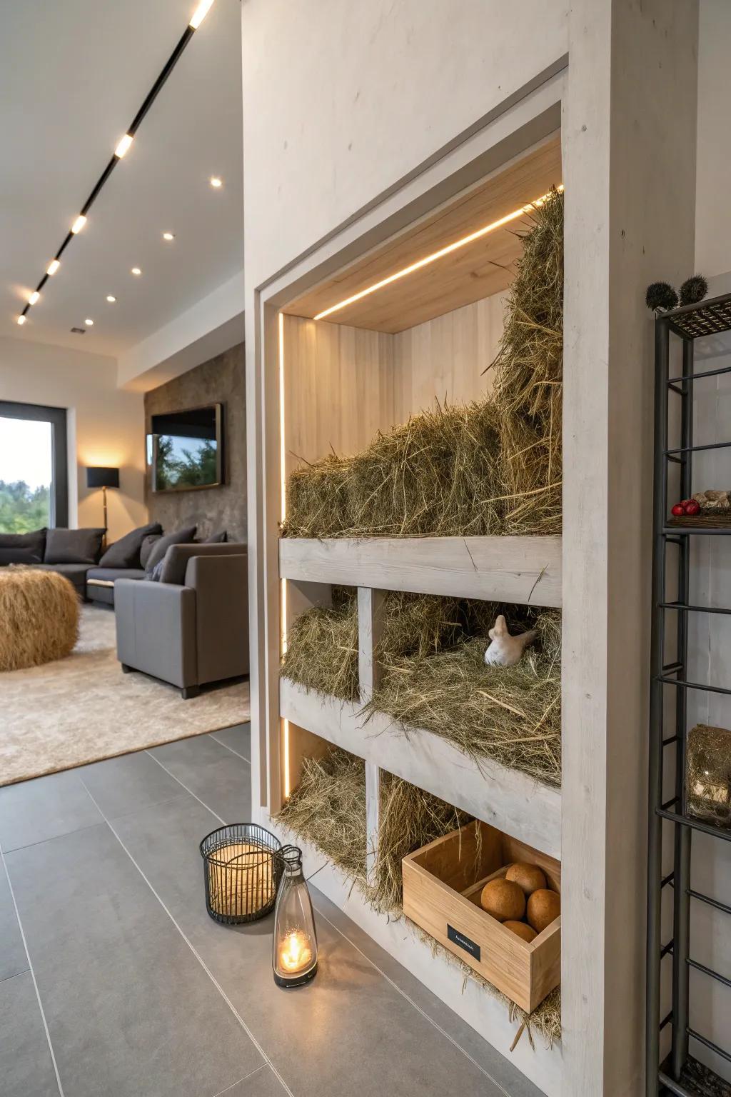 A wall niche provides stylish and discreet hay storage.