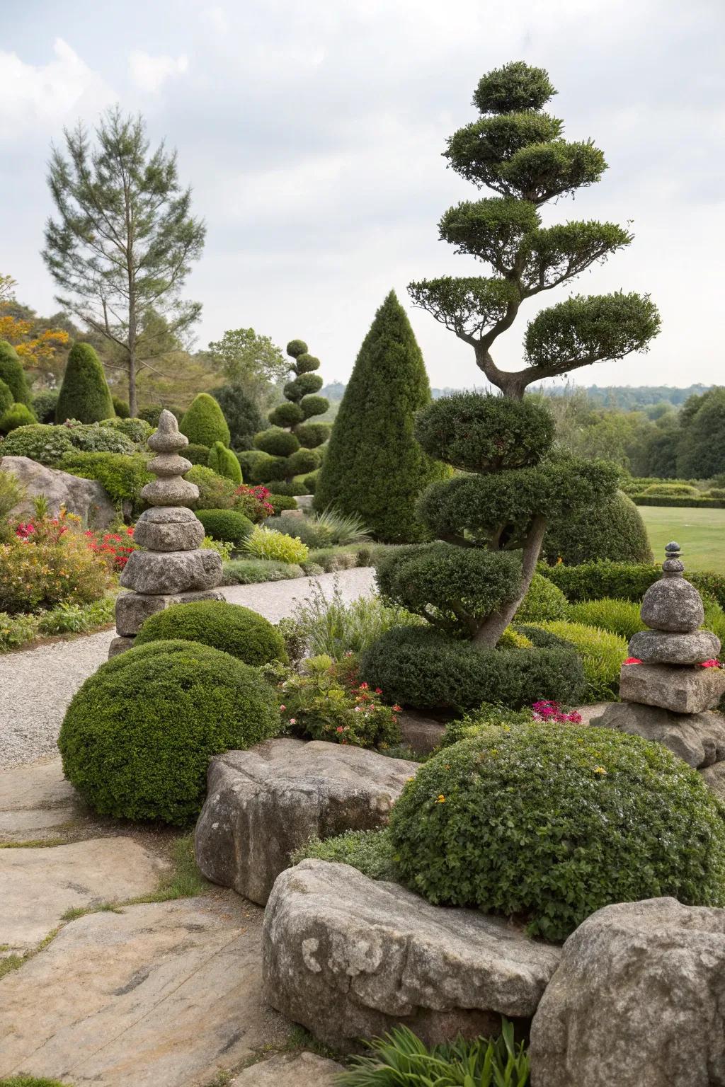 Artistic rock topiaries adding whimsy and elegance to a garden.