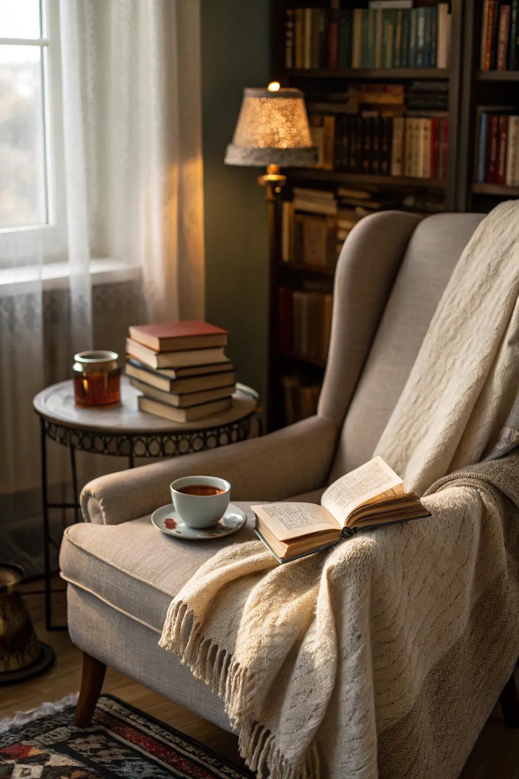 A cozy reading nook invites relaxation and solitude.