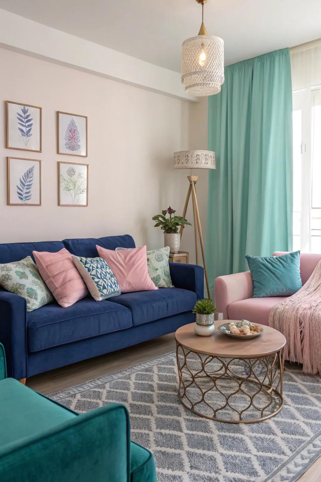 Sapphire paired with pastels creates a serene and inviting living room.