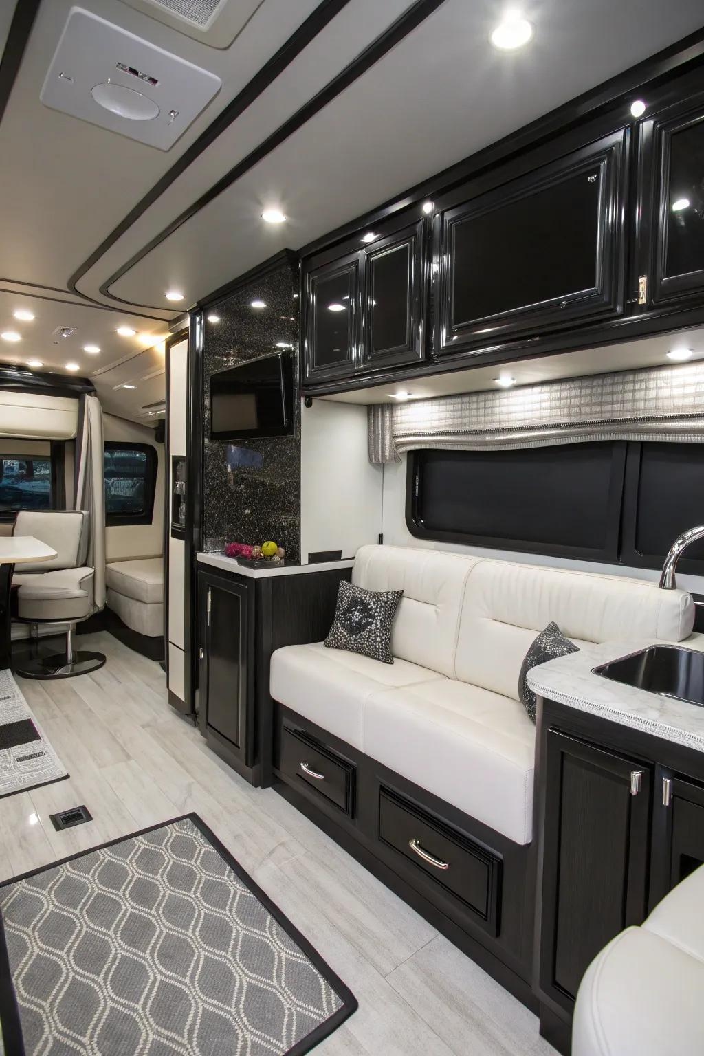 A black and white scheme creates a timeless RV interior.