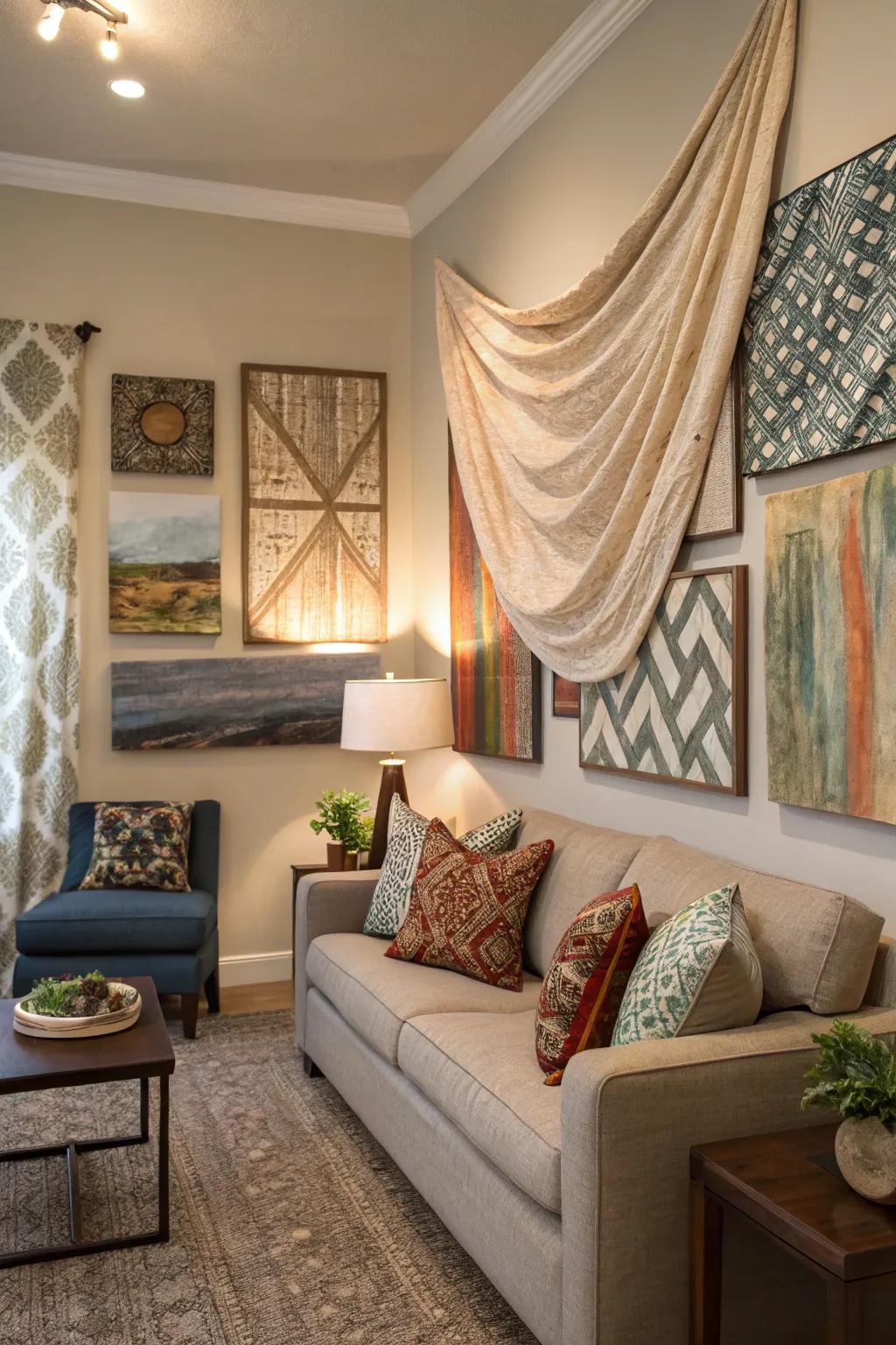 A living room with layered art combining canvas and fabric