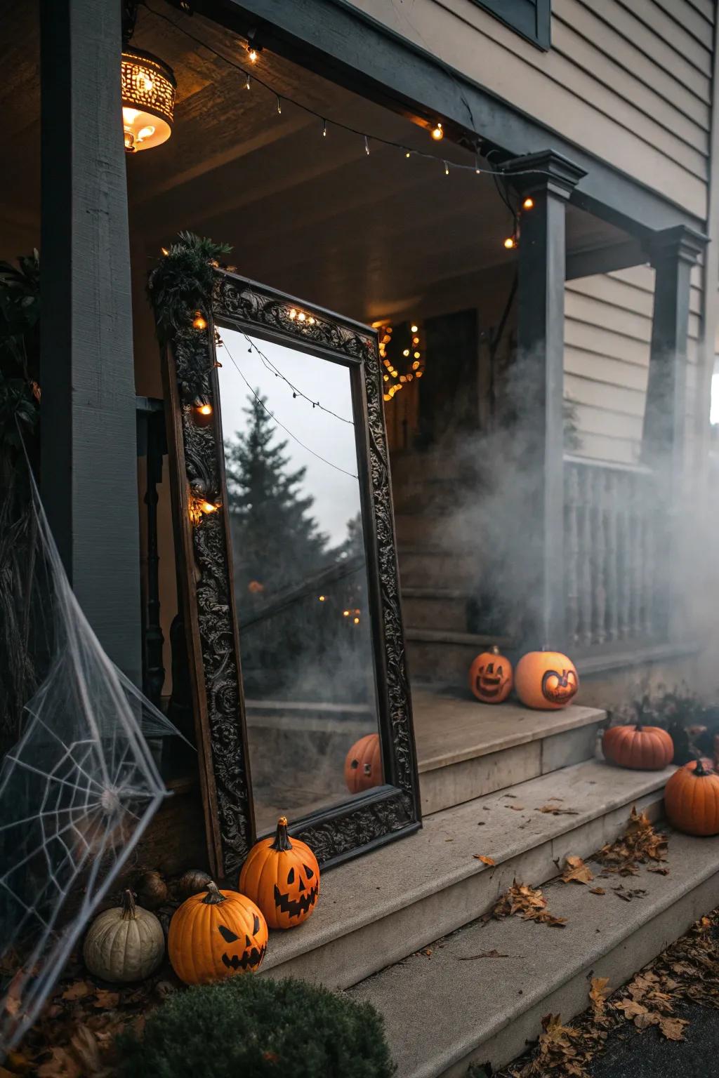 Mystical mirrors create enchanting reflections on the spooky porch.