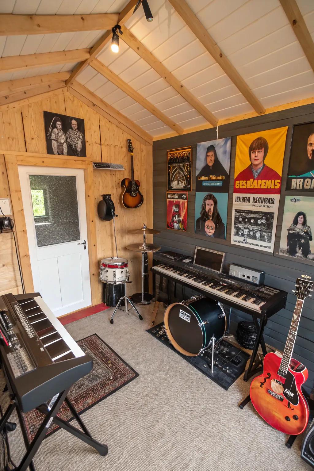 A shed home interior transformed into a music studio for creative expression.