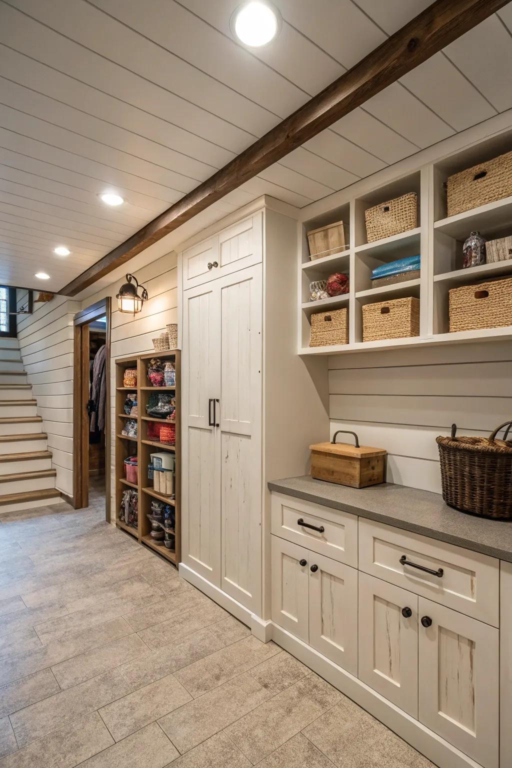 Sleek storage with hidden shiplap panels.