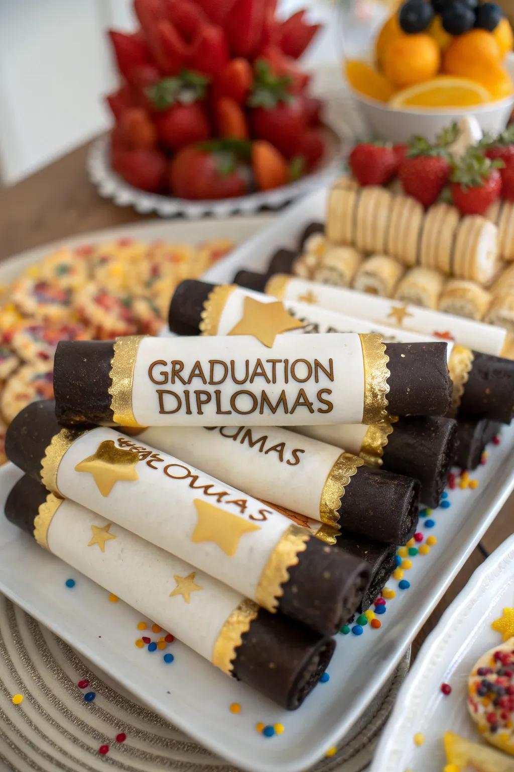 Clever edible graduation diplomas adding a thematic touch to the table.