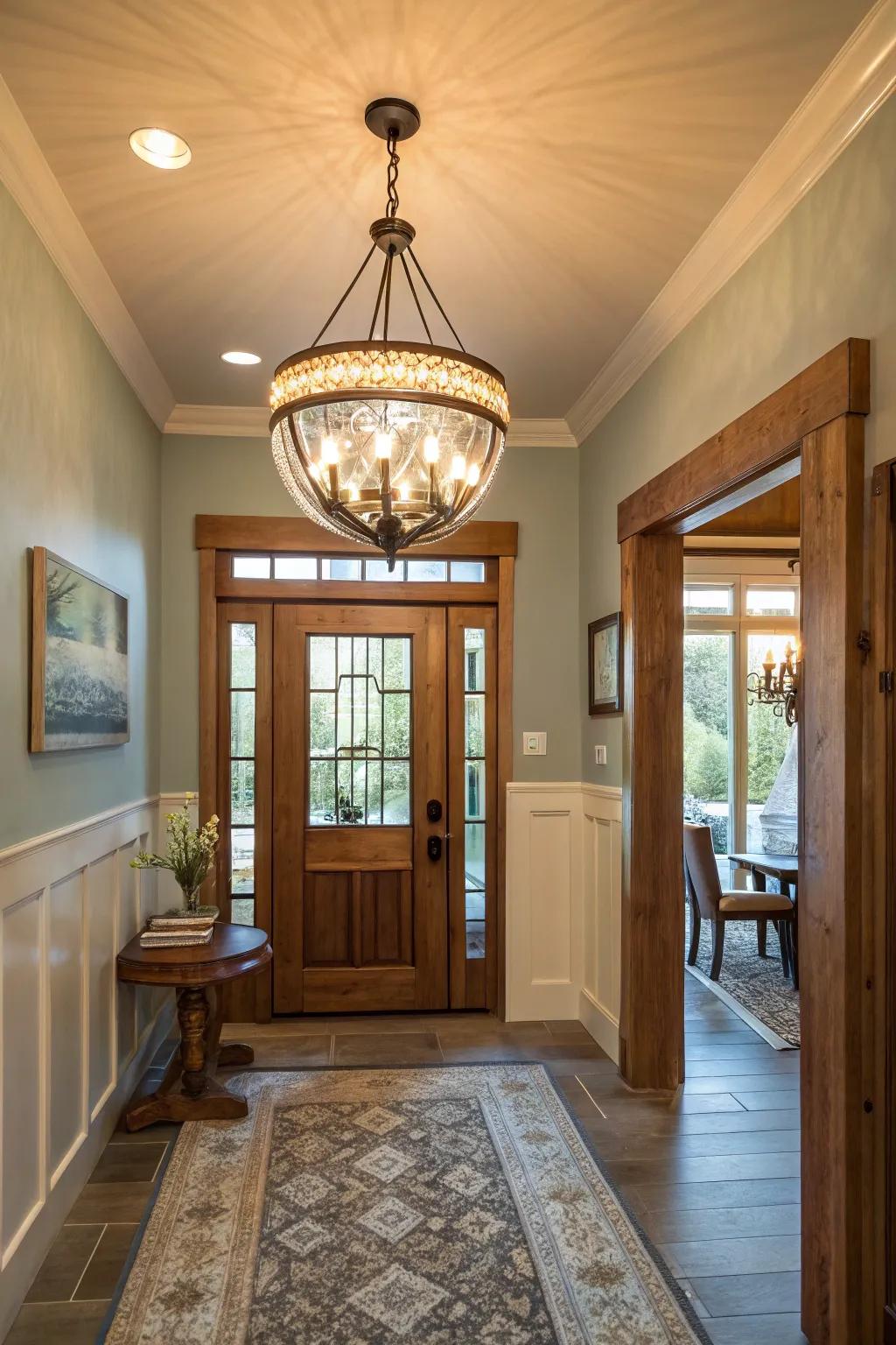 Unique lighting enhancing the entryway's atmosphere.