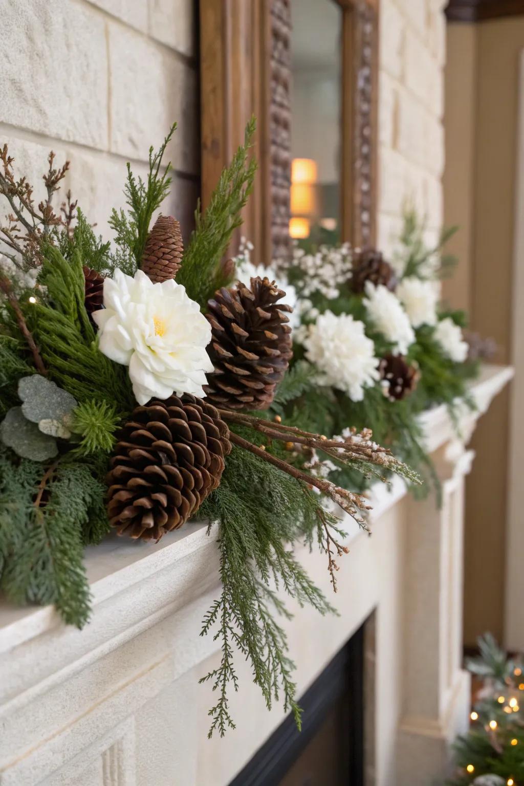 Pinecones and evergreens make an agreeable cold weather wonderland at home.