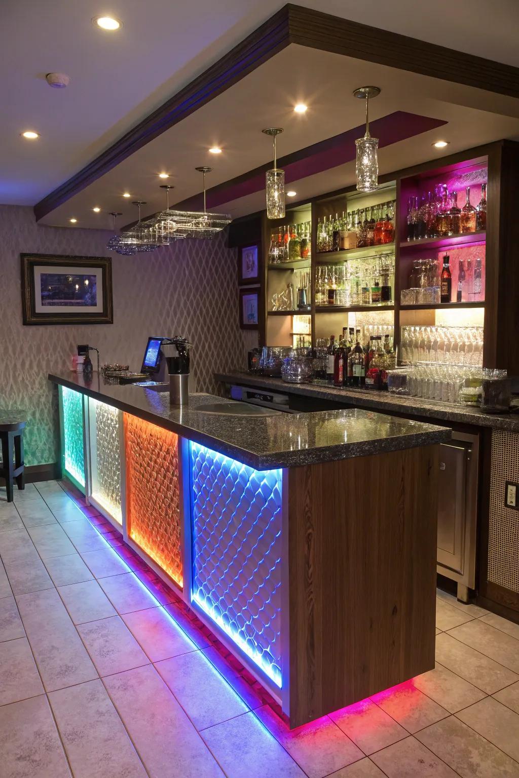 Dynamic LED lighting enhancing a small wet bar.