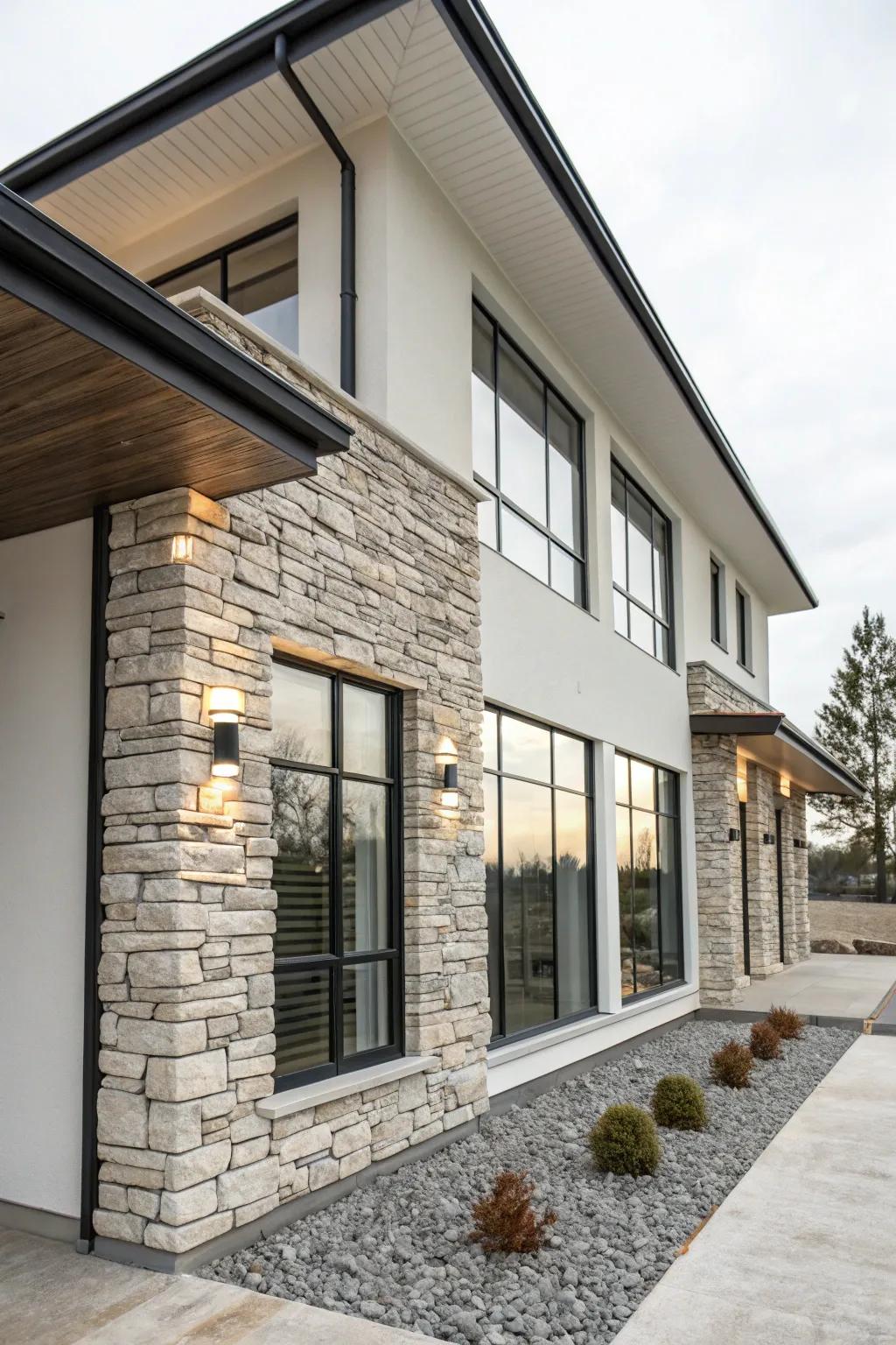 A minimalist facade enhanced by sleek stacked stone accents.