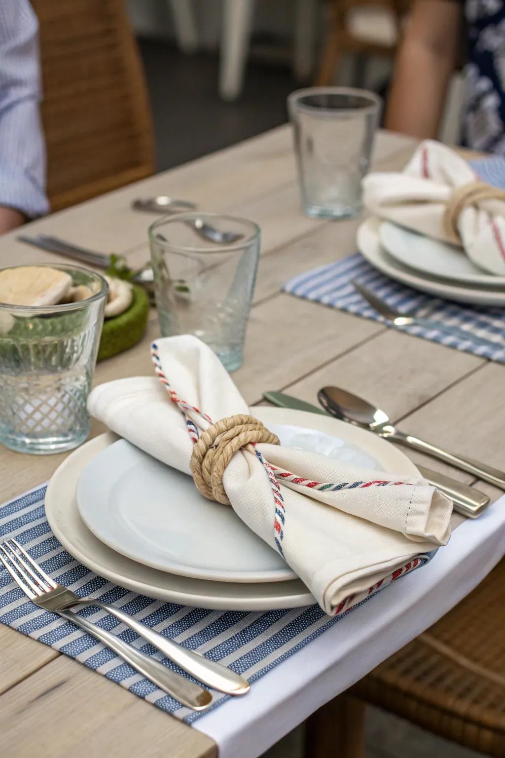 A relaxed vibe is achieved with simple knotted napkins.