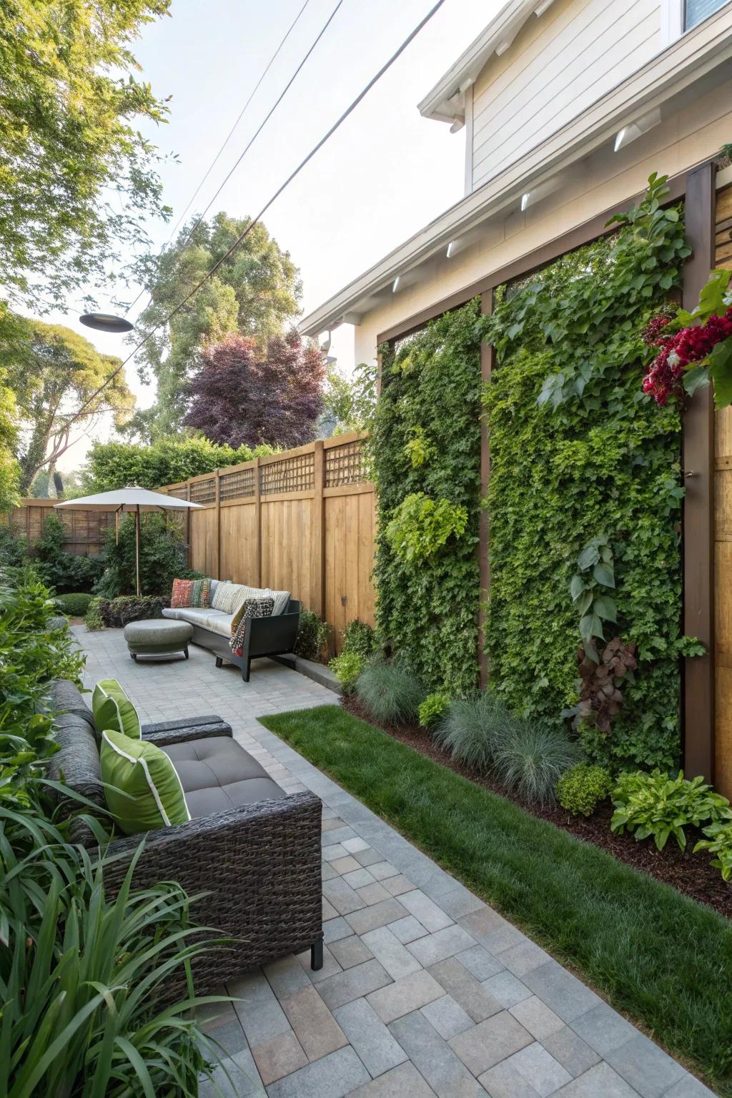 A faux living wall offering a lush look with minimal upkeep.