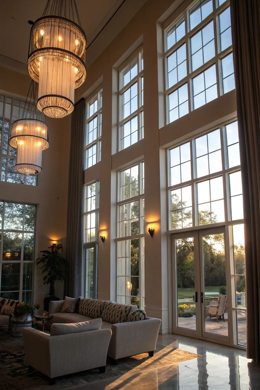 Unique light fixtures that complement tall windows.