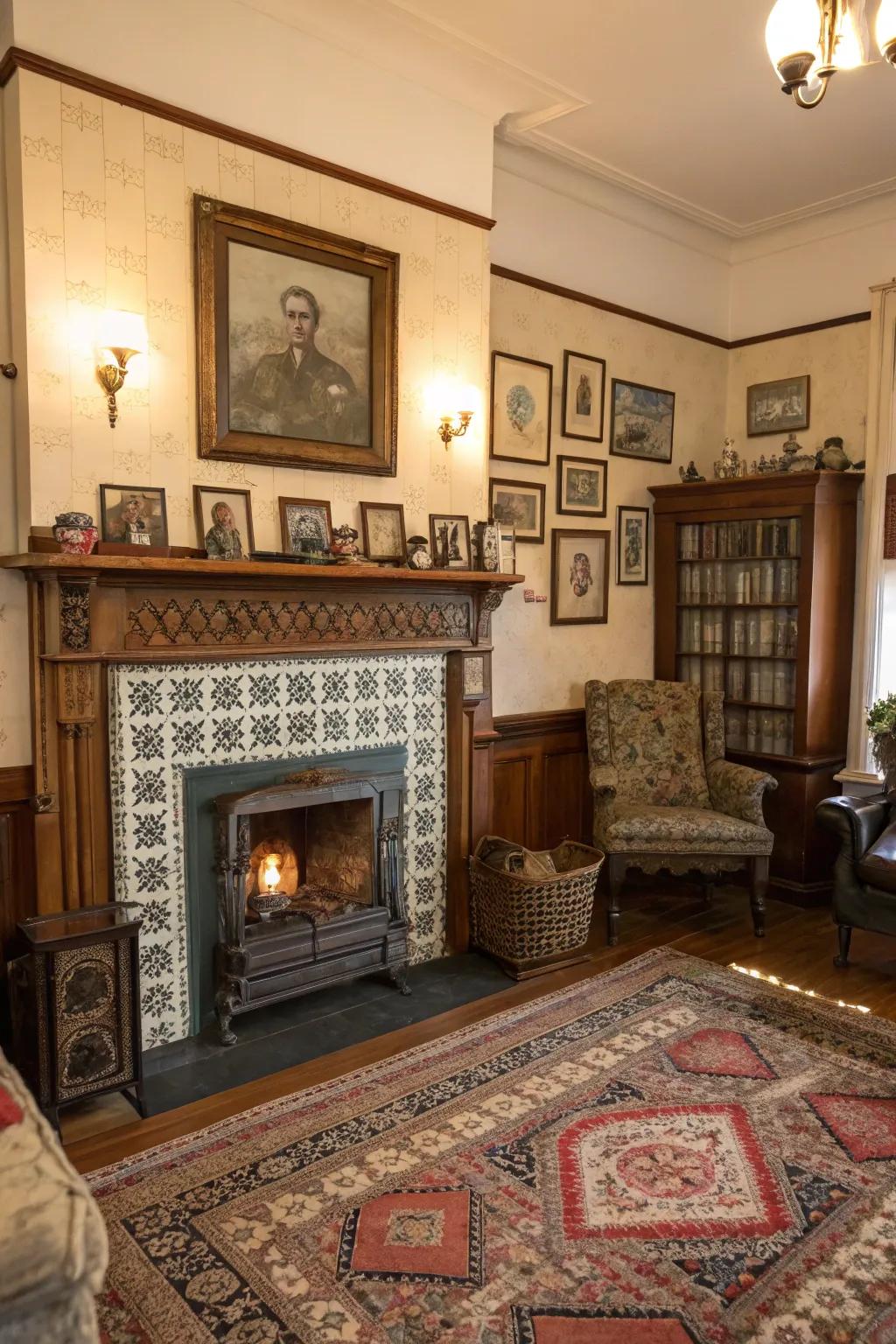 Vintage tiles offer a timeless and nostalgic charm to this fireplace.