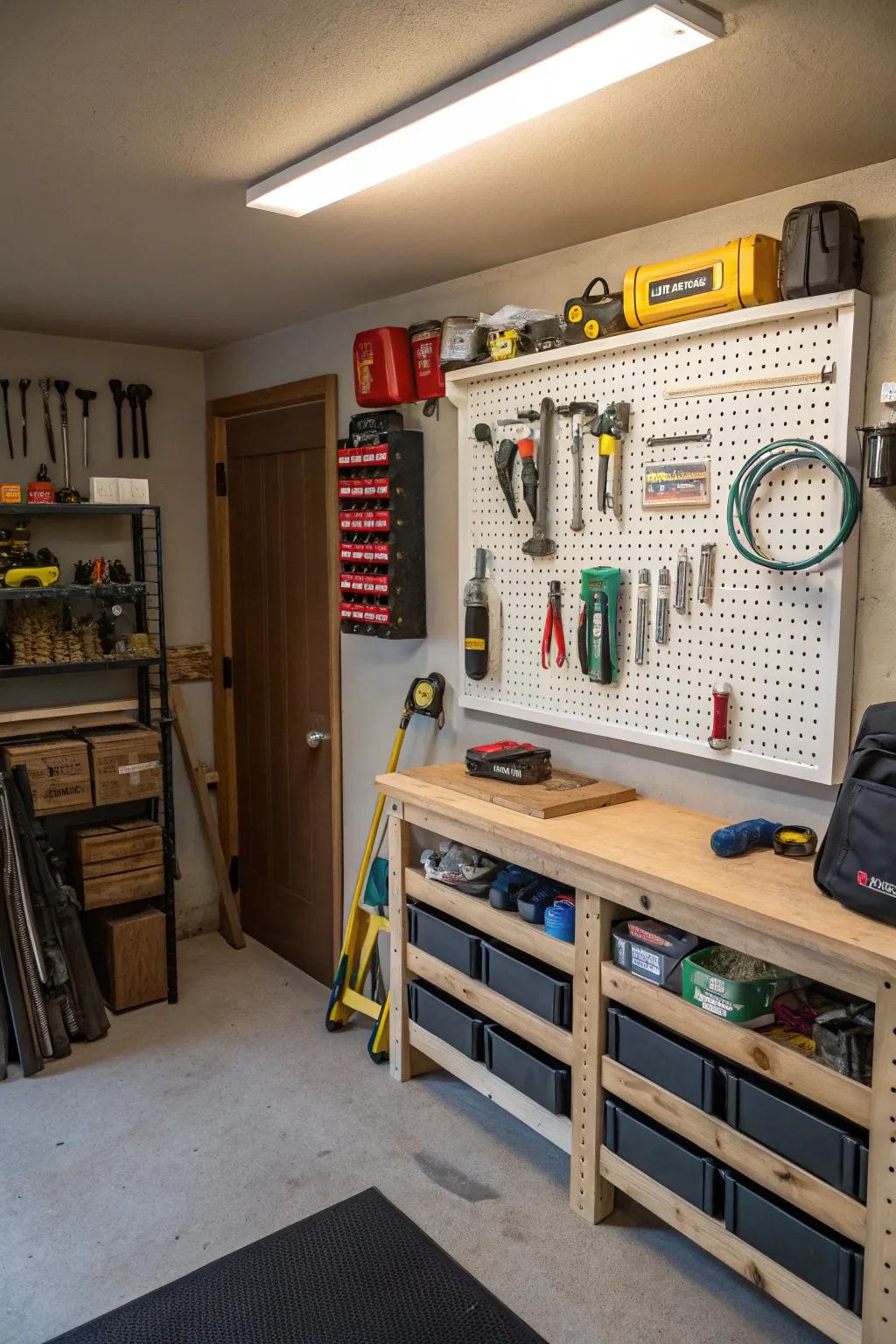 A pegboard organizes tools and gadgets in a small man cave.