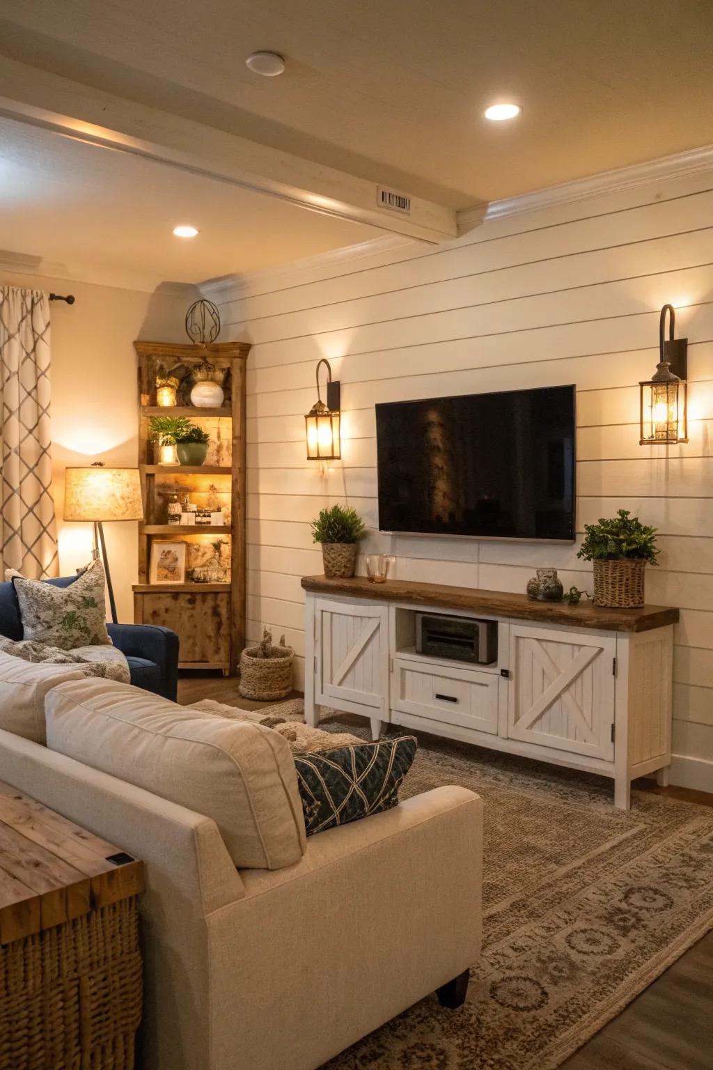 Shiplap adds cozy charm to this TV accent wall, perfect for farmhouse style.