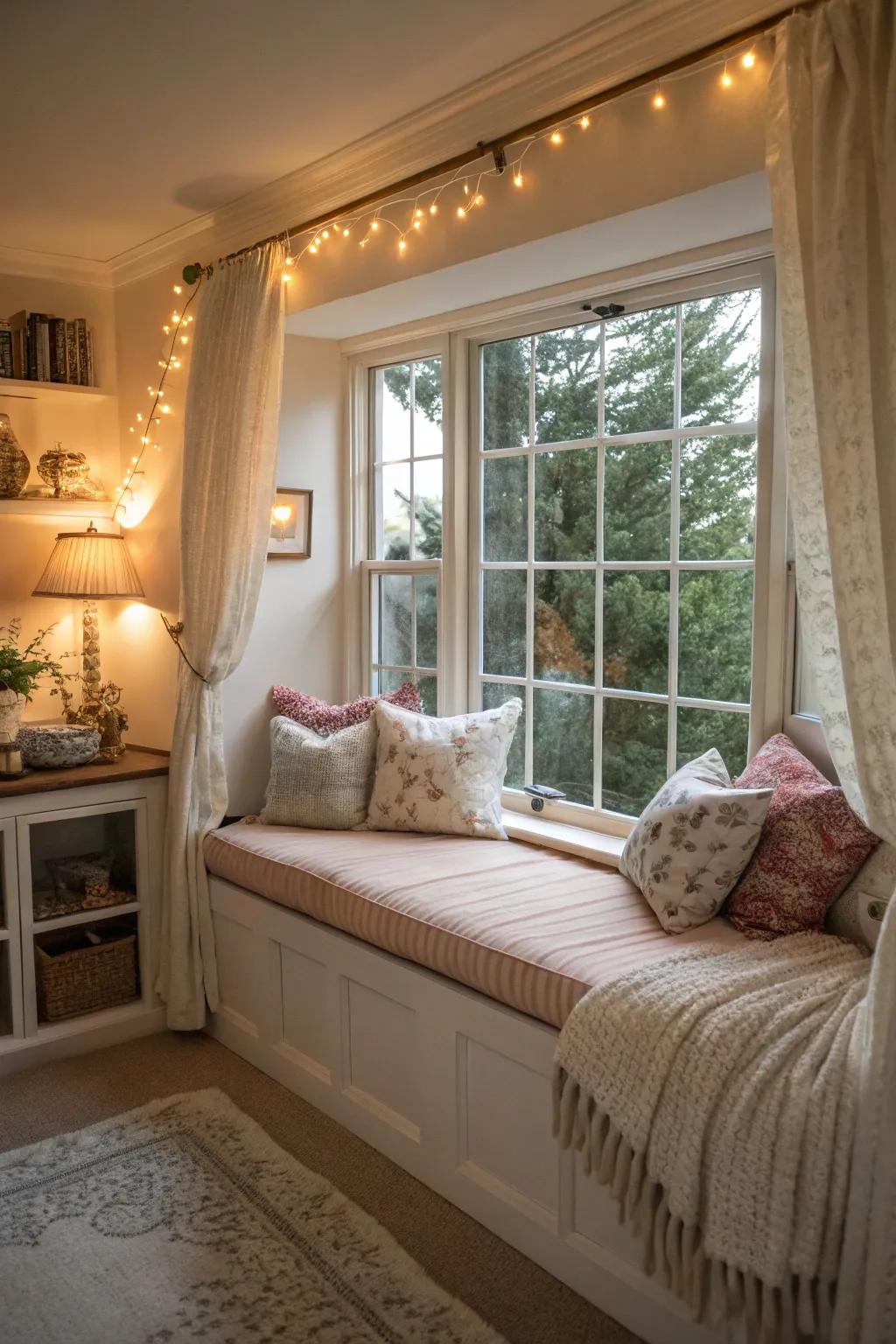 An upholstered window seat creates a charming reading nook.