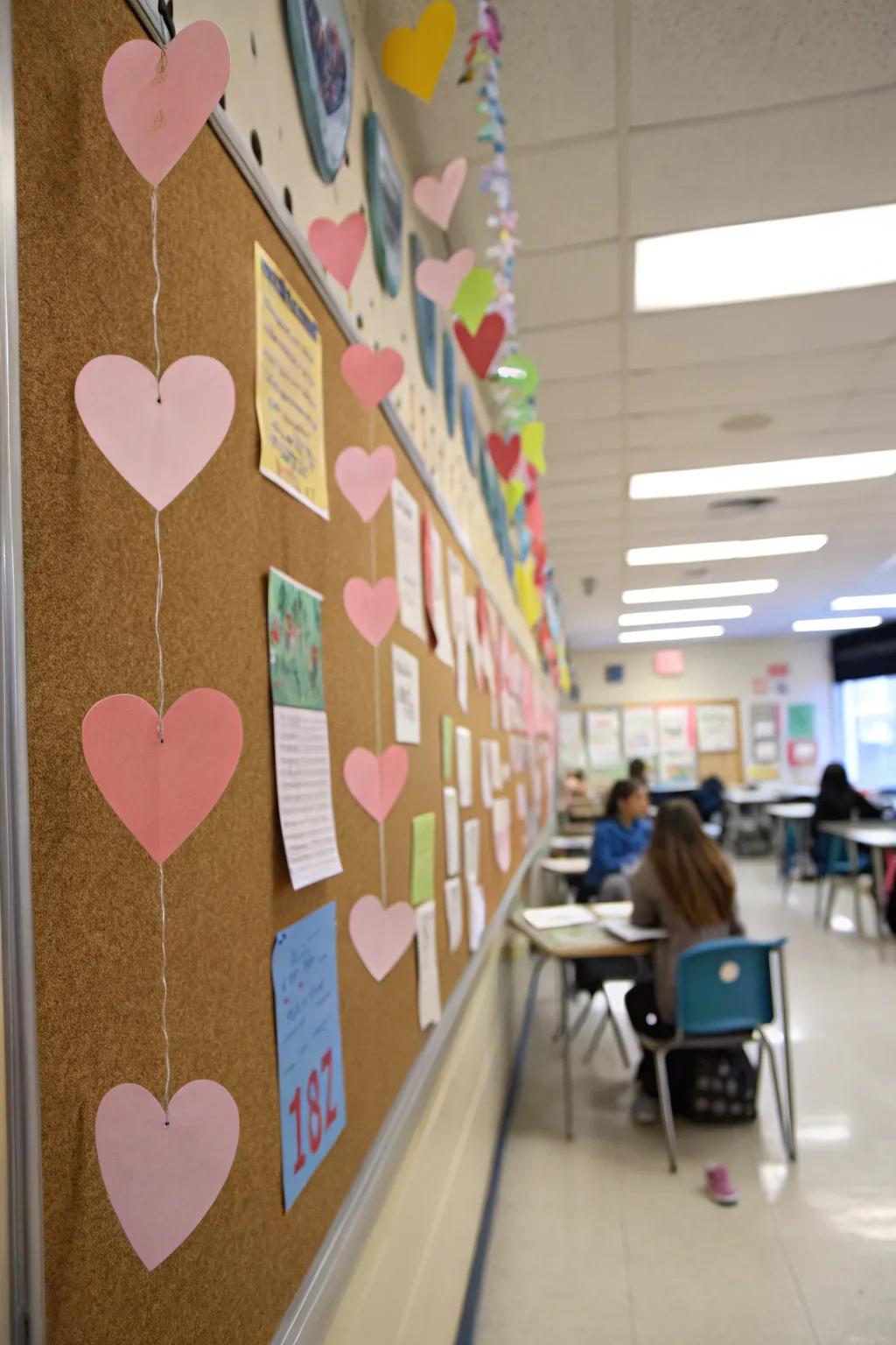 A Floating Hearts bulletin board with magical suspended decorations.