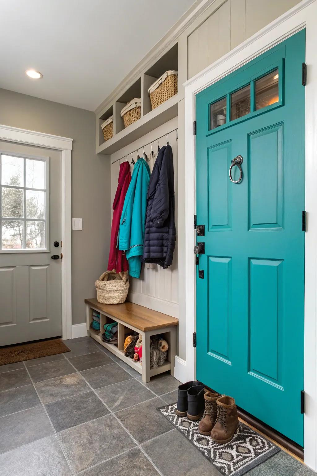 Teal doors add a fun and fresh energy.