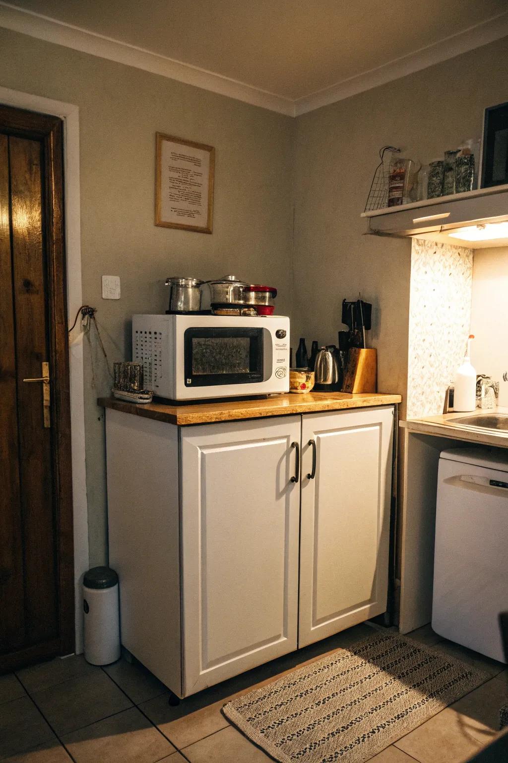 A microwave placed atop a tall cabinet for optimal vertical space use.