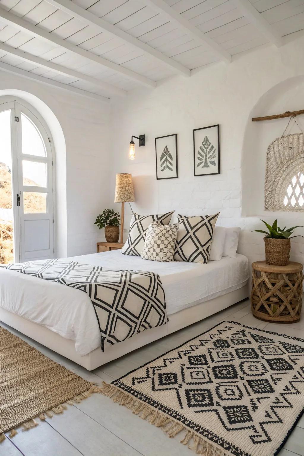 Geometric patterns add a modern touch to a white bedroom.